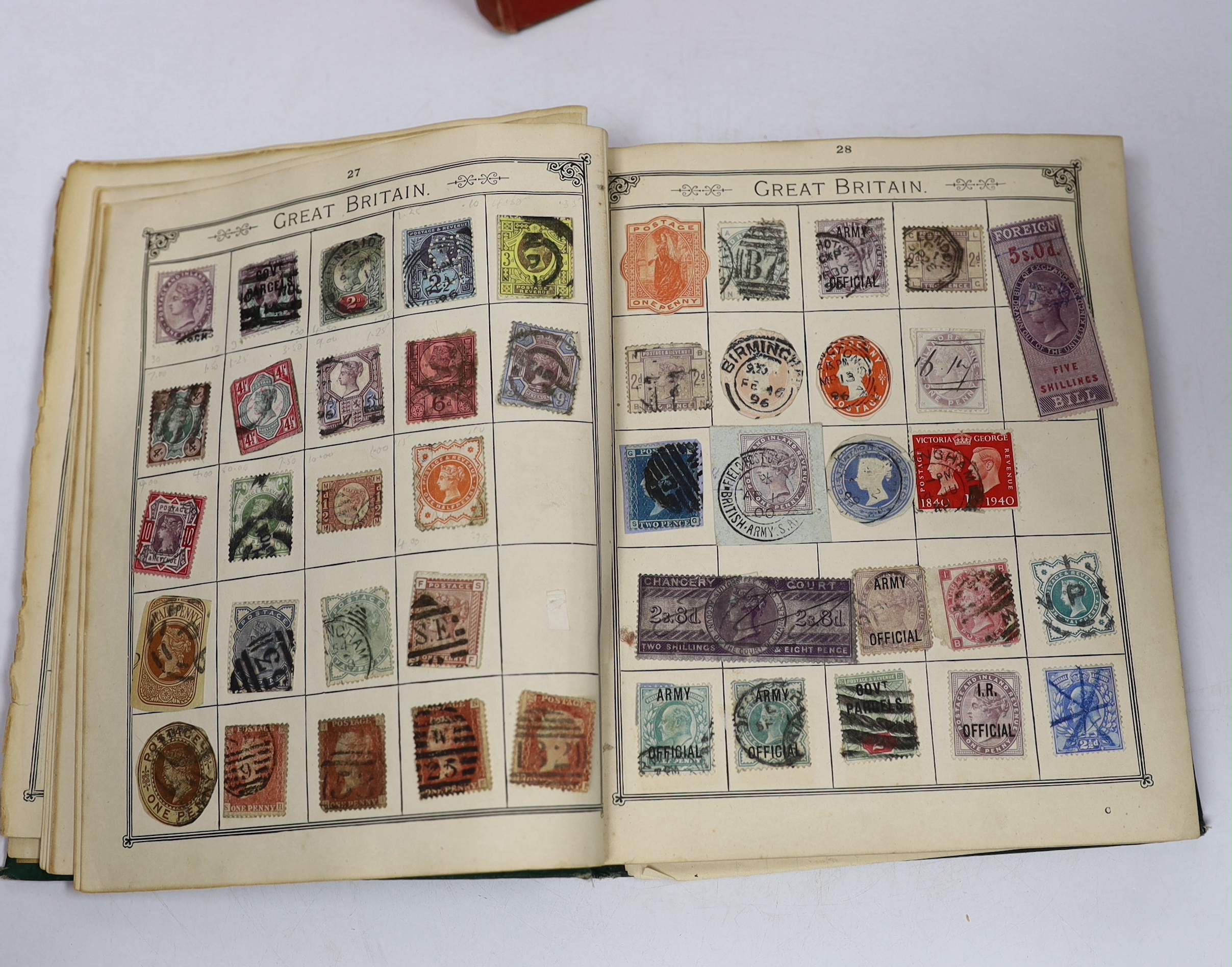 A Lincoln Stamp Album, sparsely mounted with an all world accumulation of late 19th/early 20th century all world issues; a Royal Mail stamp album, one other and two mounted blocks of Australian Test Cricket Centenary (18